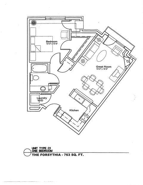 A floor plan of a one bedroom apartment at The Forsythia - 763 Sq. Ft.